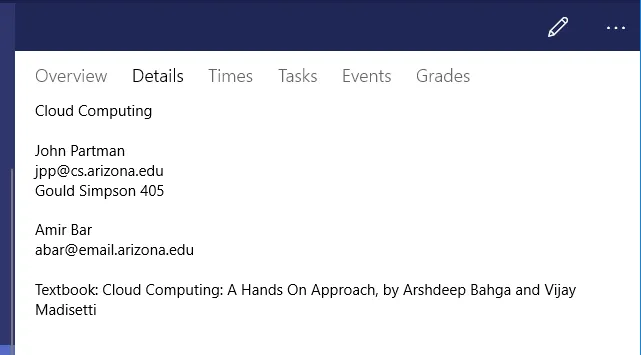Screenshot of class details
