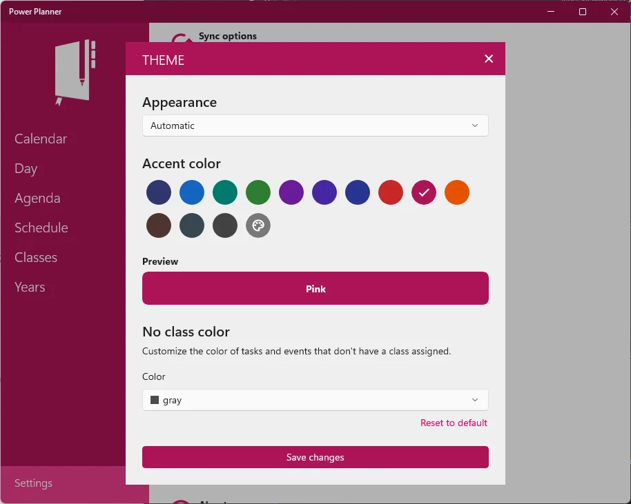 Screenshot of custom theme color settings