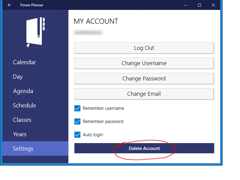 Delete account screenshot