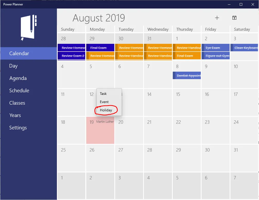 Adding holiday from calendar