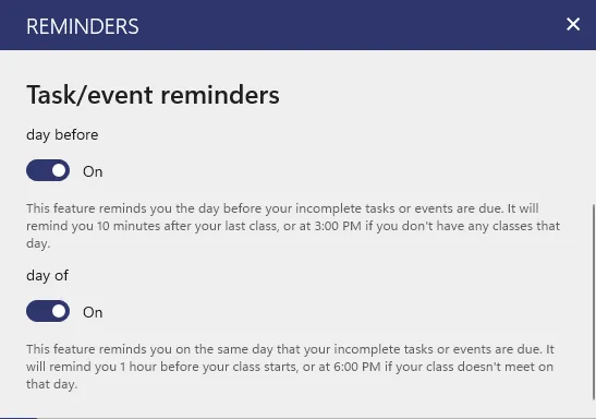 Screenshot of task reminder settings