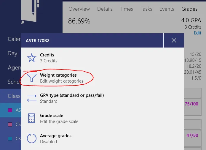 Clicking weight categories